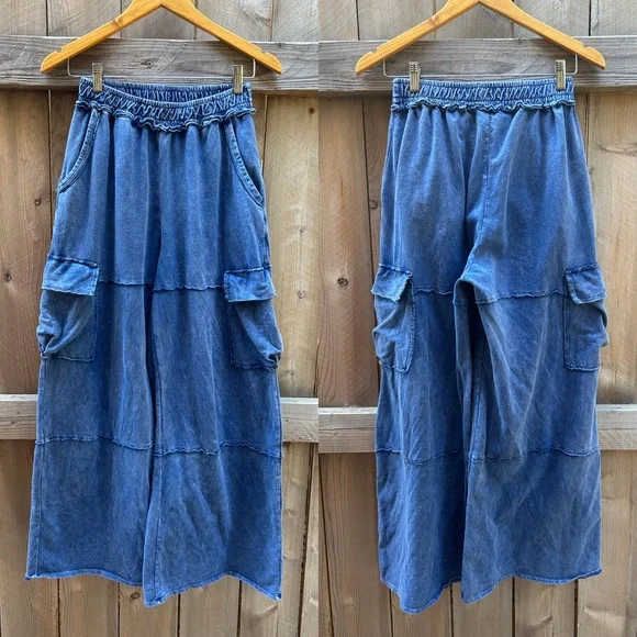 J Her wide leg blue mineral washed cargo sweat lounge cotton pants small medium - Picture 2 of 5